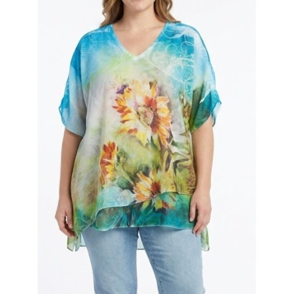 Jess & Jane Tunic Top Large Sunflower Floral Sequin Art to Wear Vacation